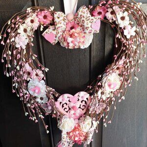 Valentine Day Heart Wreath Pink Roses Wall Hanger Door Home Office Decoration